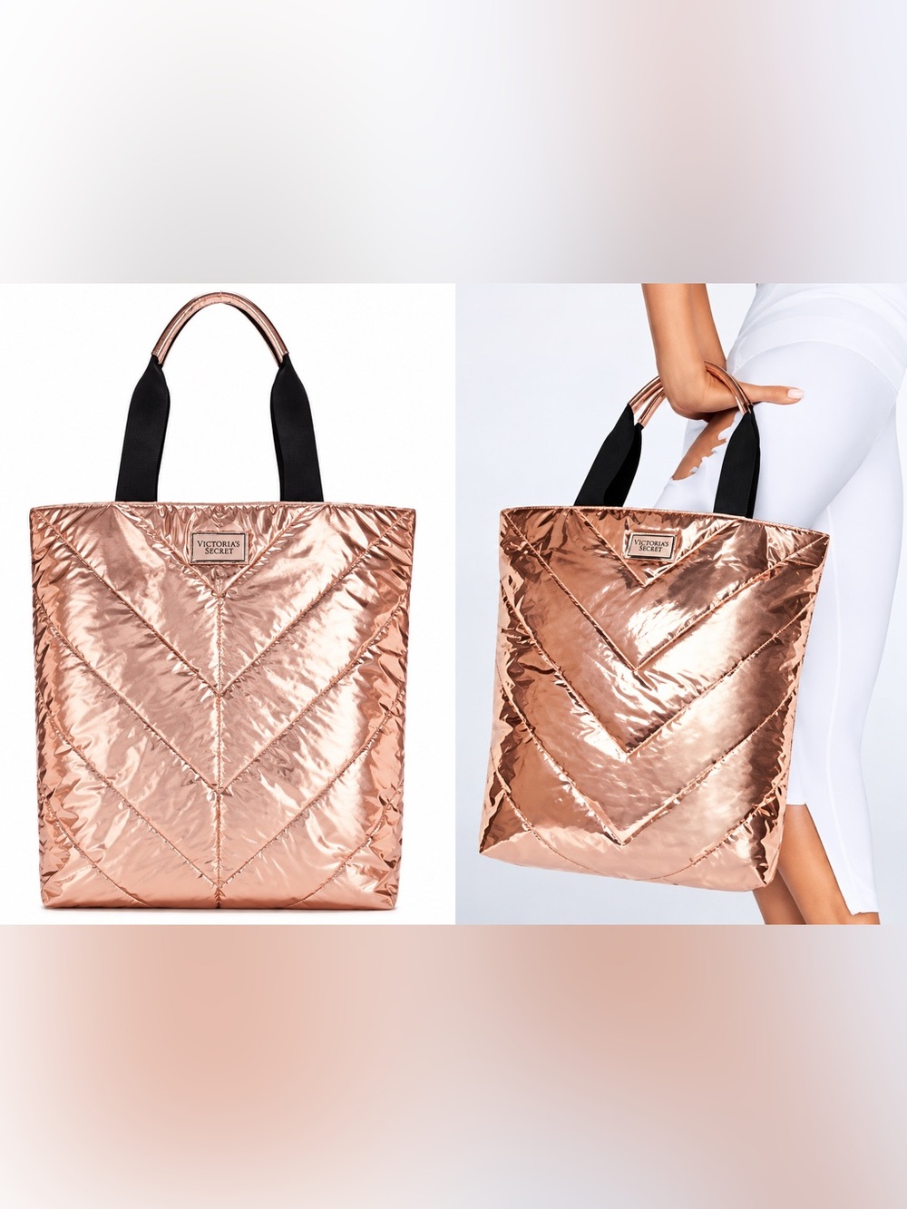 Victoriaβs Secret Limited Edition Gold Metallic Quilted Puffer Tote Bag Chevron
